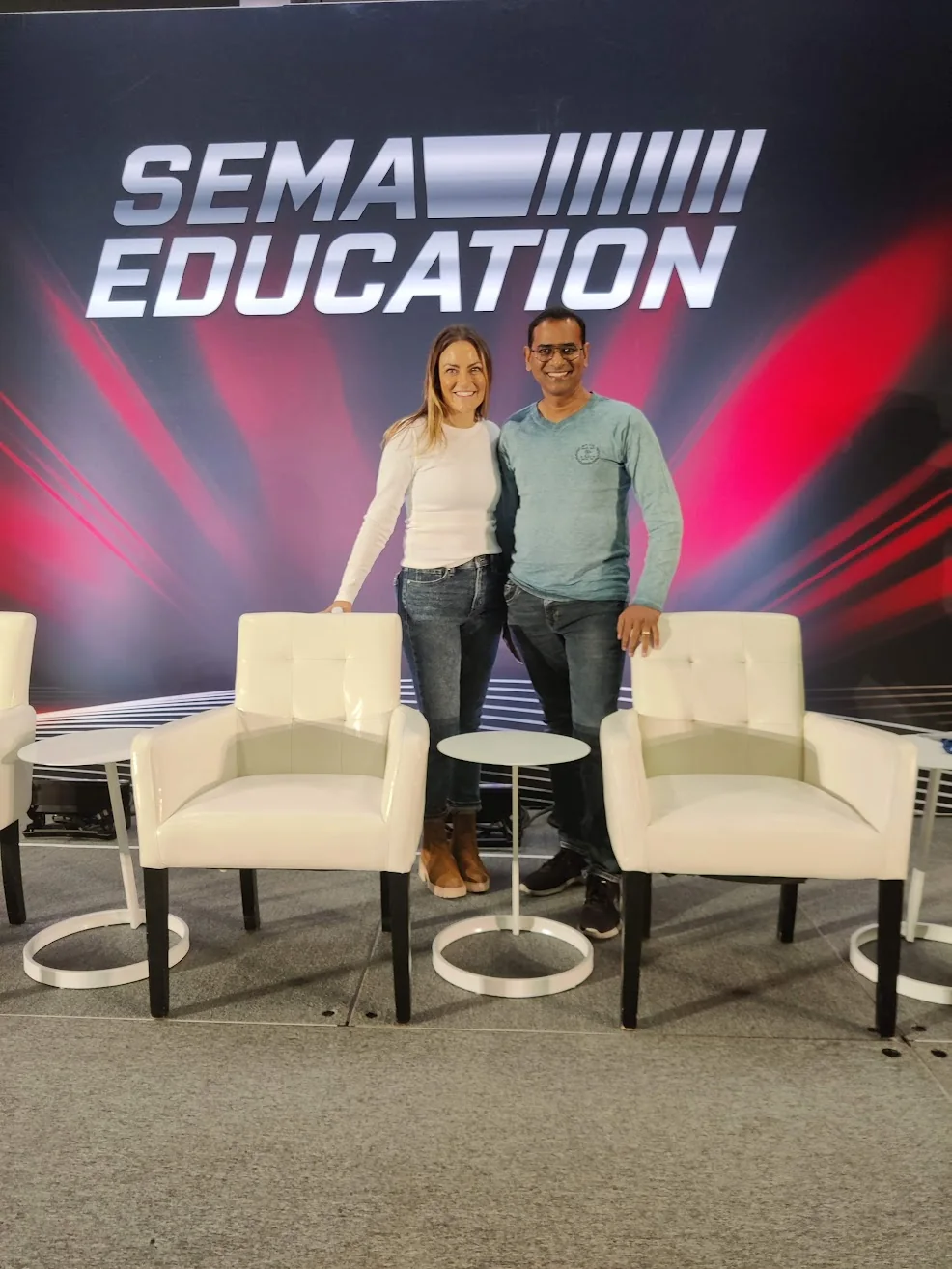 Raja Pantham on the SEMA Education stage, Las Vegas Convention Center, USA